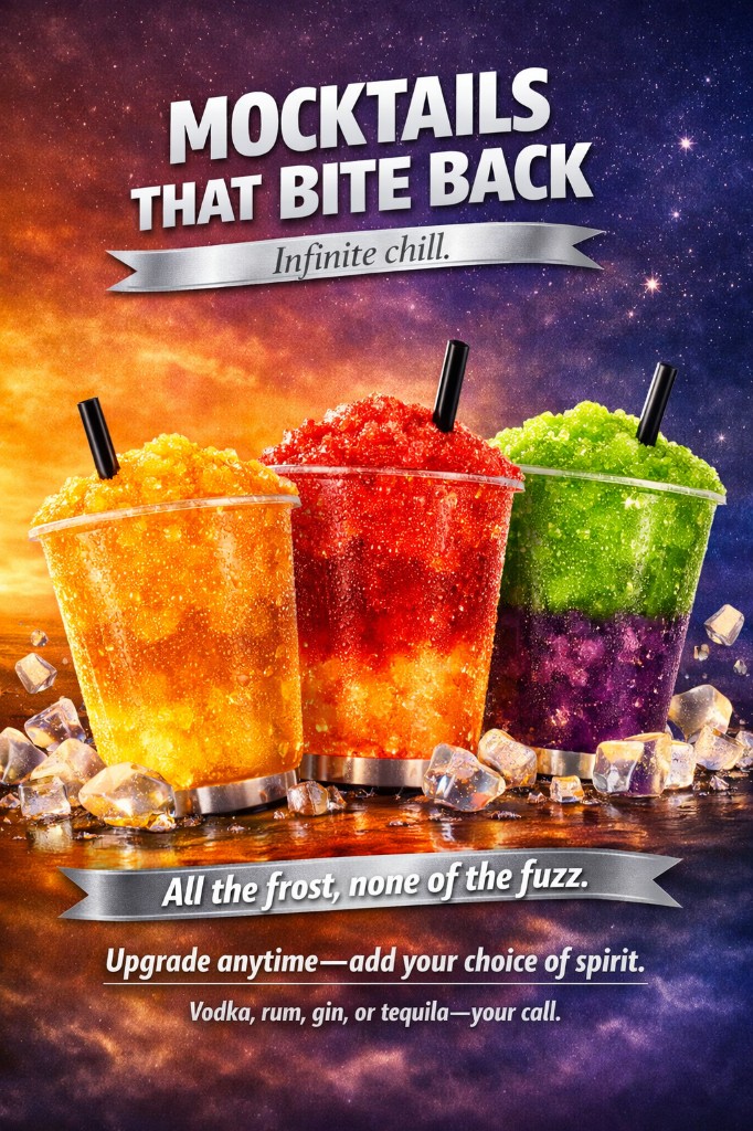 Mocktails That Bite Back three-drink poster with silver ribbon branding by Plan Photo Repro