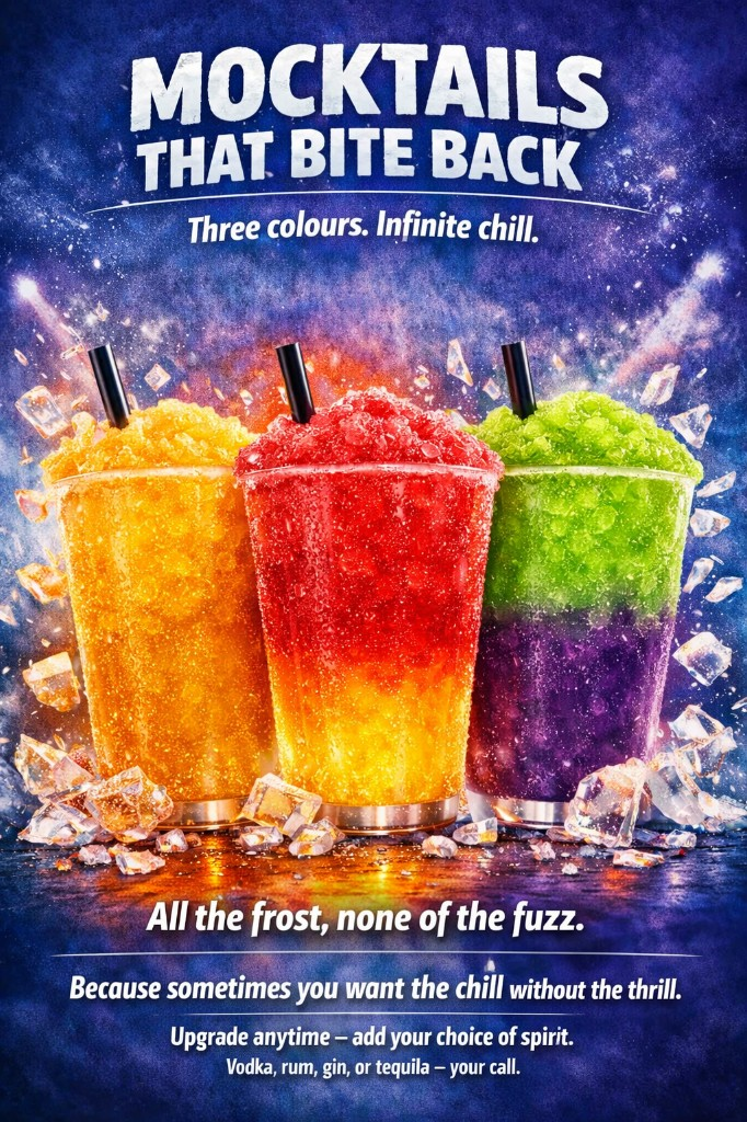 Mocktails That Bite Back Infinite Chill three-colour poster by Plan Photo Repro