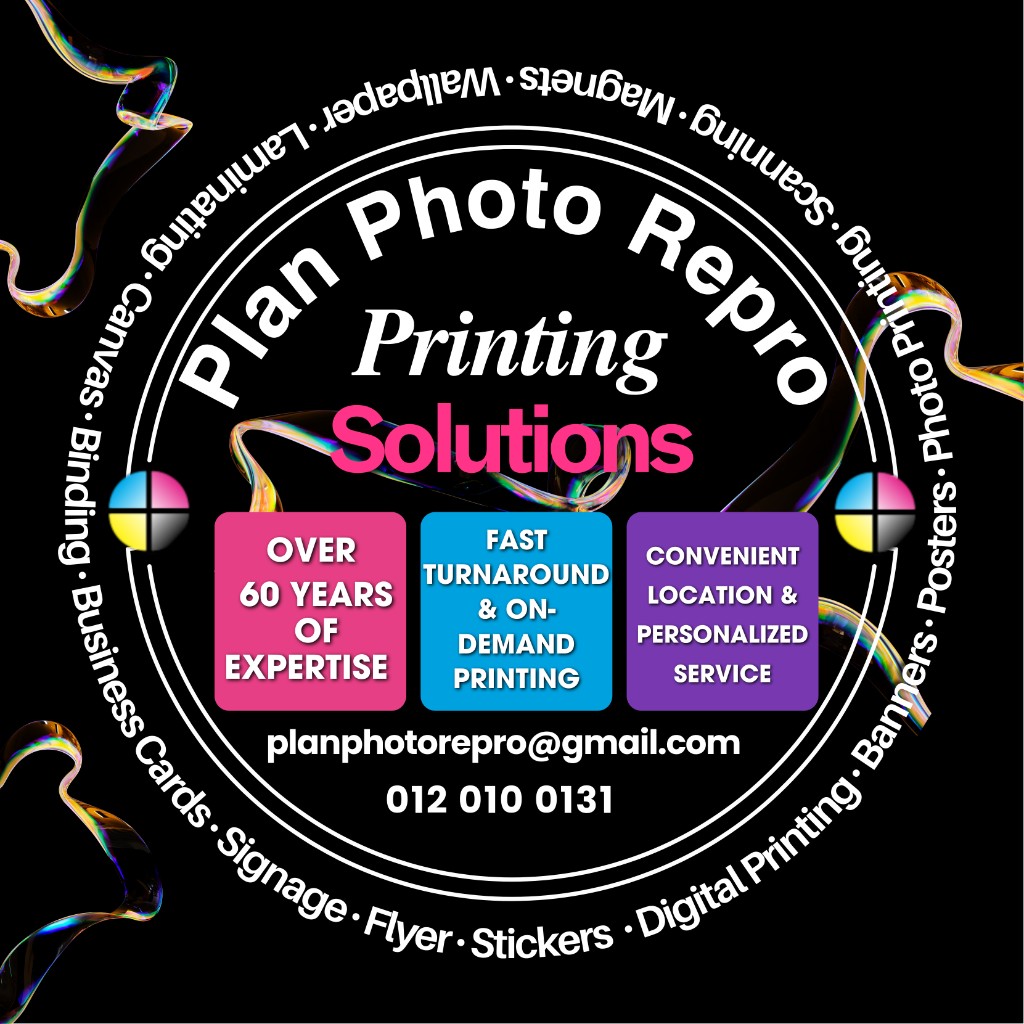 Plan Photo Repro circular branding graphic with printing services and contact details