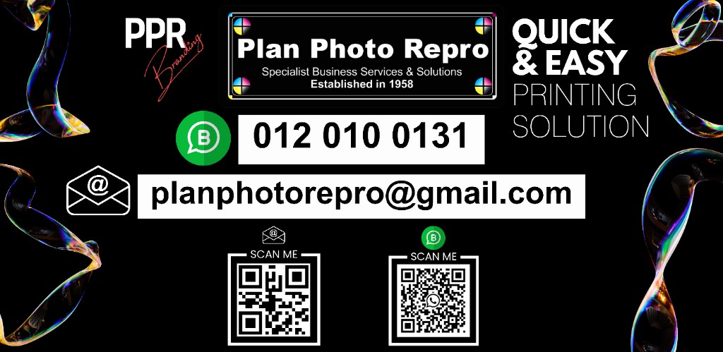 Plan Photo Repro shop signage contact banner with WhatsApp, email and QR codes