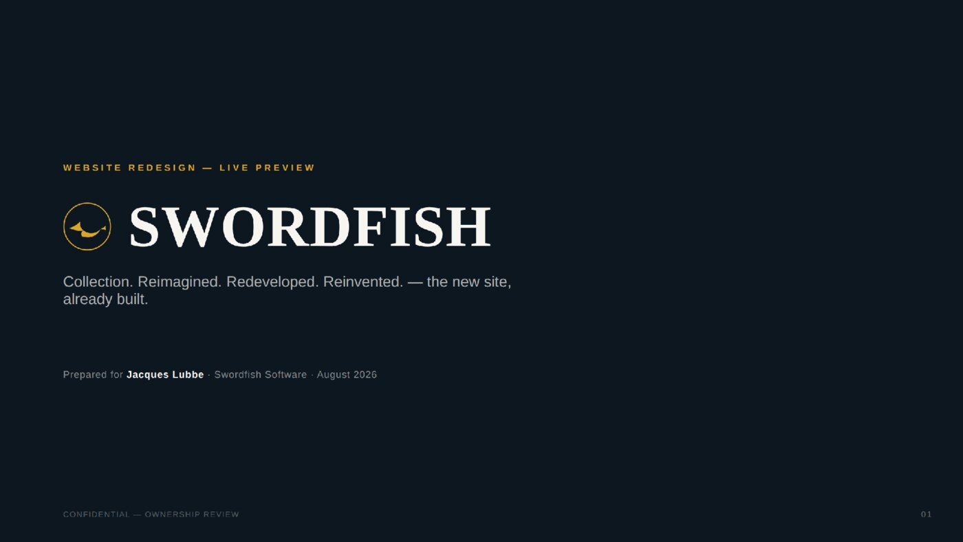 Swordfish website redesign presentation cover slide